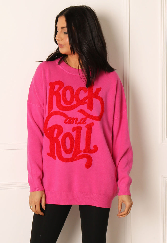 
                  
                    Wavy Rock and Roll Slogan Oversized Soft Knit Jumper in Pink & Red - One Nation Clothing
                  
                