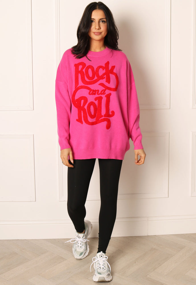 
                  
                    Wavy Rock and Roll Slogan Oversized Soft Knit Jumper in Pink & Red - One Nation Clothing
                  
                
