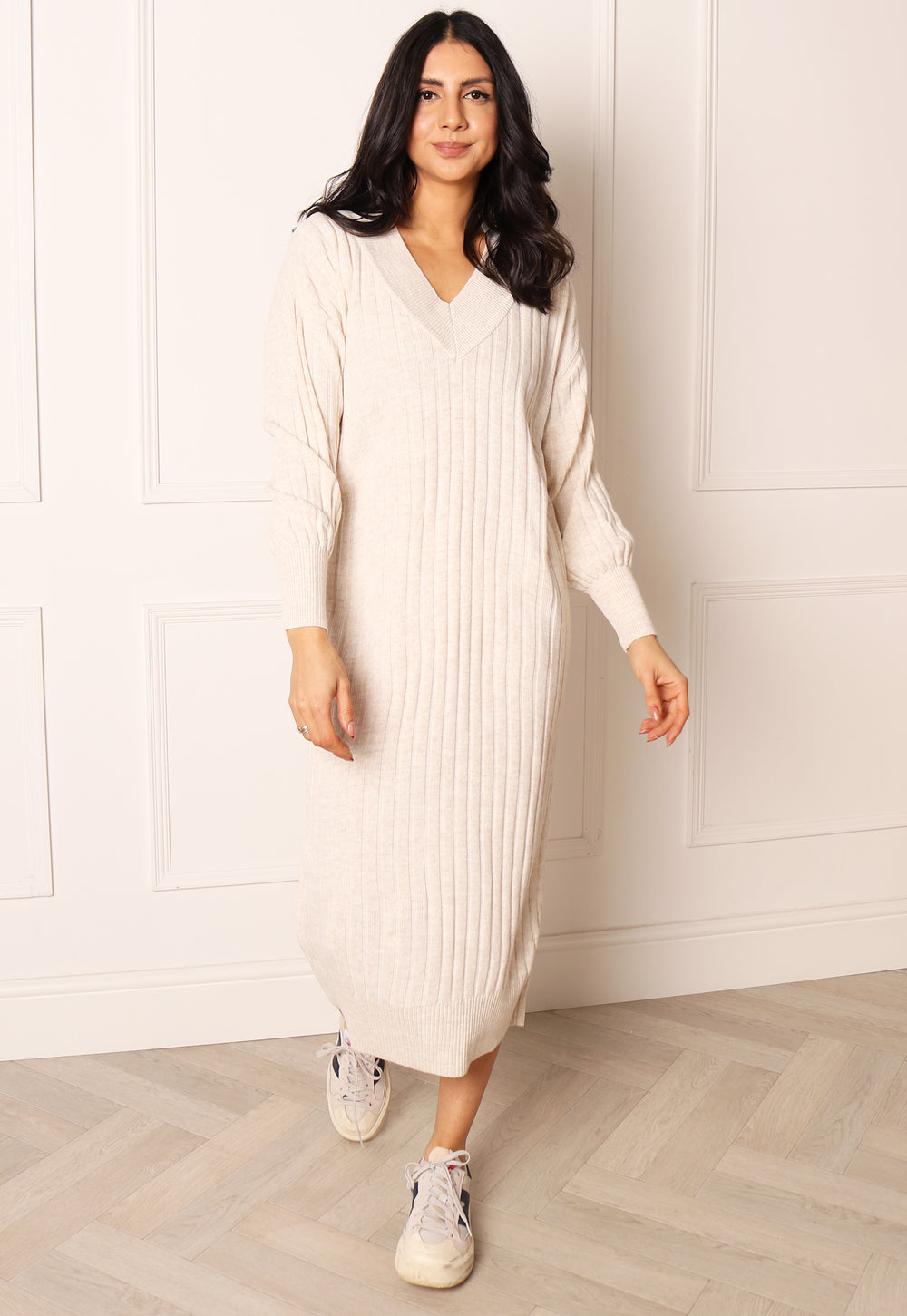 ONLY Tessa Long Sleeve V Neck Ribbed Midi Jumper Dress in Soft Cream - One Nation Clothing