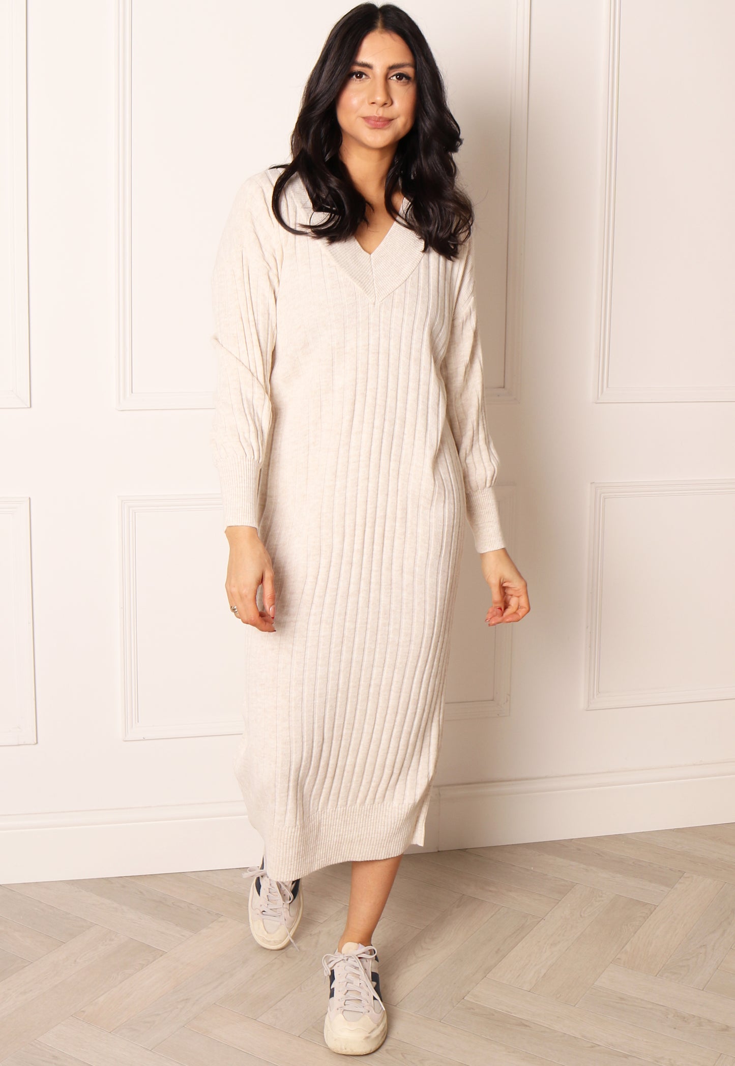 
                  
                    ONLY Tessa Long Sleeve V Neck Ribbed Midi Jumper Dress in Soft Cream - One Nation Clothing
                  
                