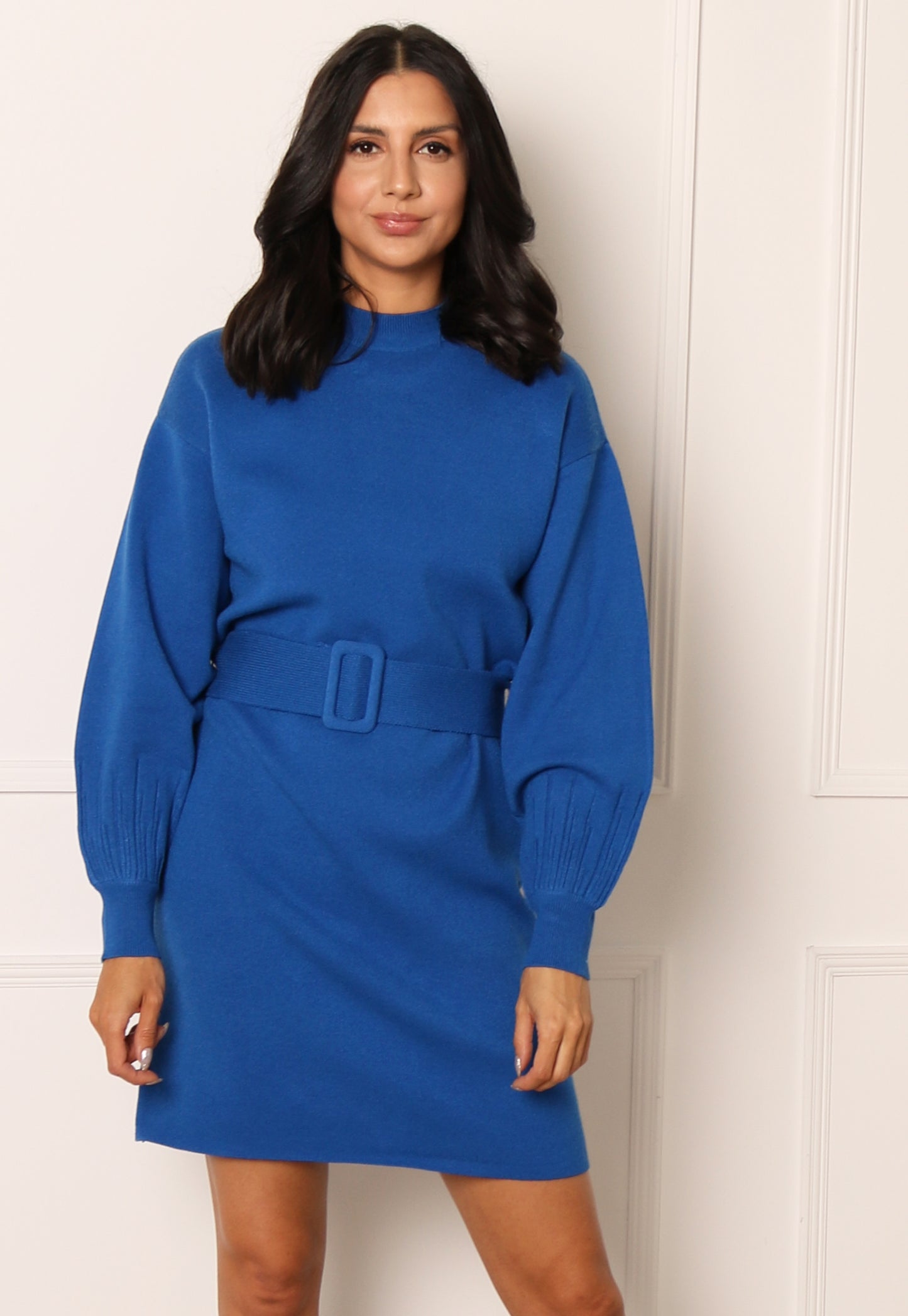 YAS Henry Soft Knit Belted Jumper Dress in Cobalt Blue - One Nation Clothing