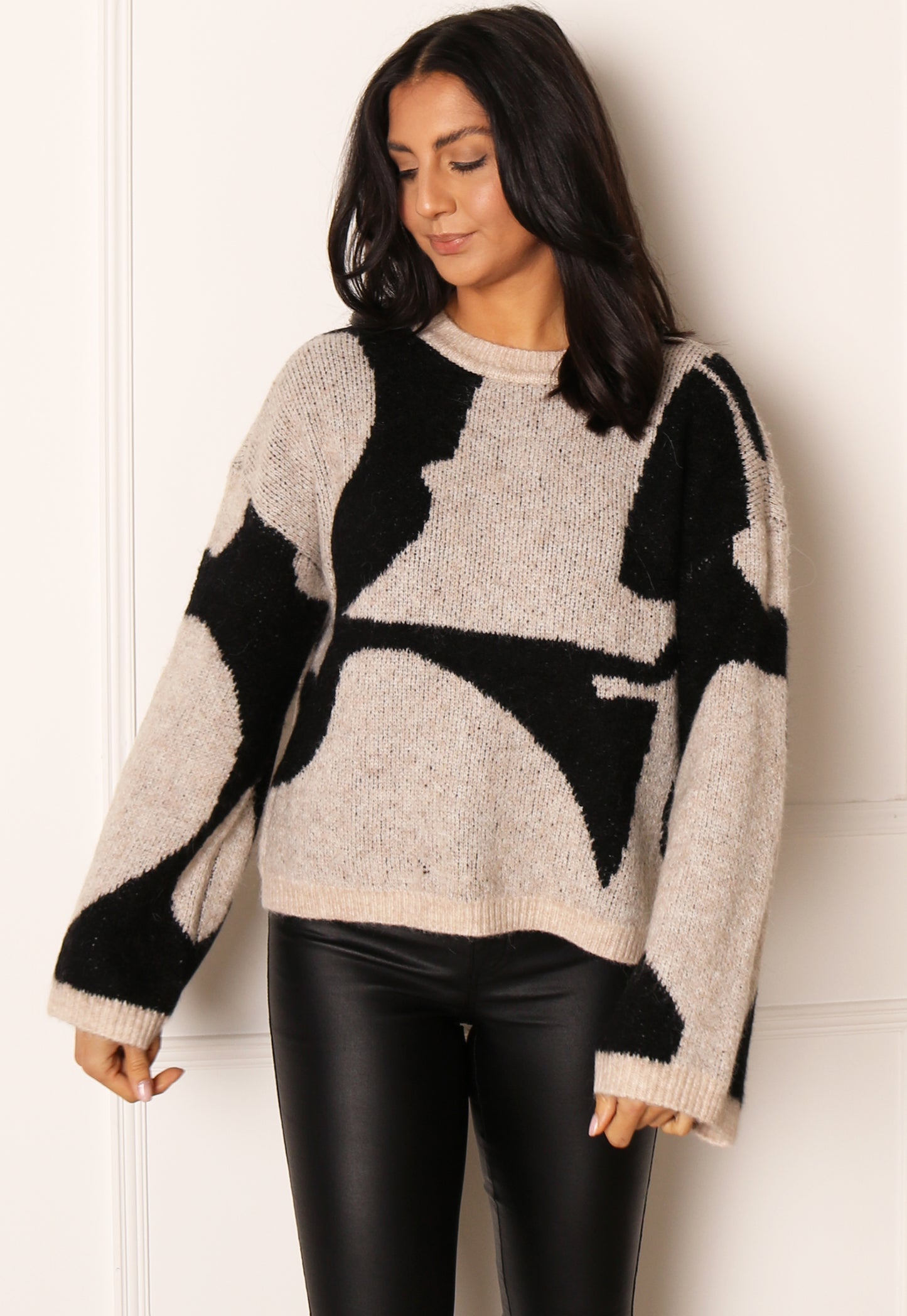 VILA Fluffy Abstract Colour Block Chunky Knit Jumper in Beige & Black - One Nation Clothing