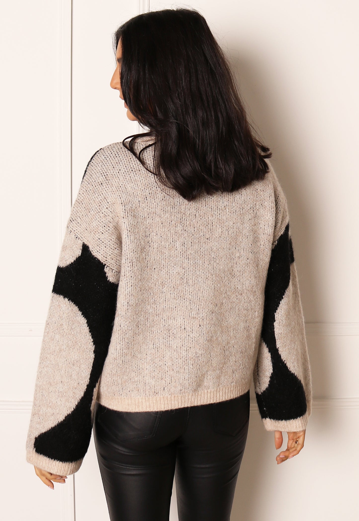
                  
                    VILA Fluffy Abstract Colour Block Chunky Knit Jumper in Beige & Black - One Nation Clothing
                  
                