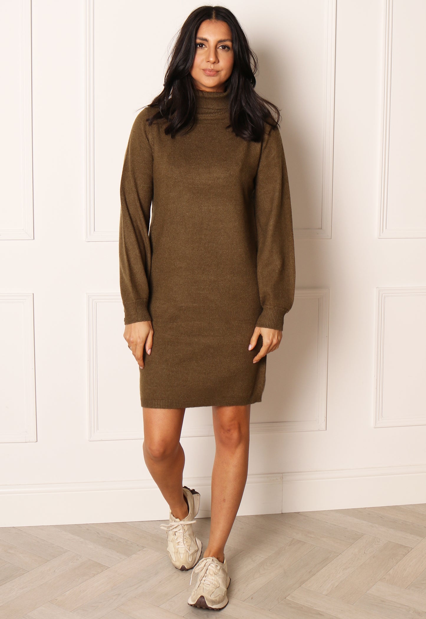 JDY Marco Knitted Rollneck Longline Tunic Jumper Dress in Khaki Green - One Nation Clothing