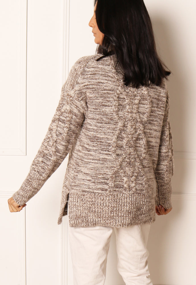 
                  
                    ONLY Sage Longline Cable Knit Jumper with High Neck in Mocha & Cream Melange - One Nation Clothing
                  
                