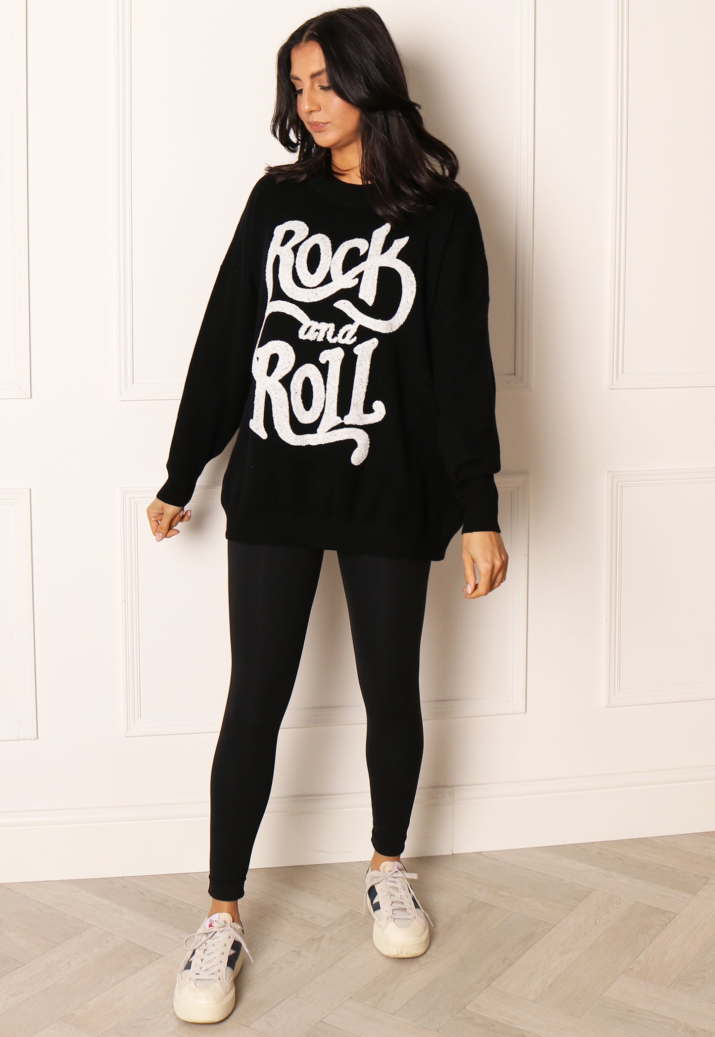 
                  
                    Wavy Rock and Roll Slogan Oversized Soft Knit Jumper in Black & White - One Nation Clothing
                  
                