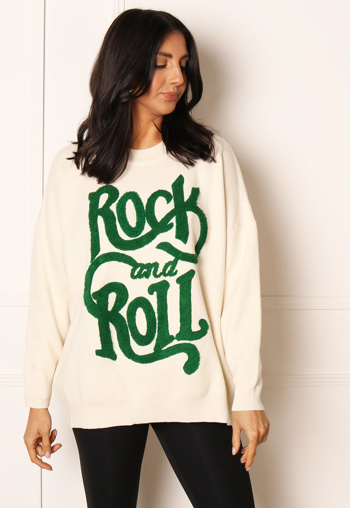 Wavy Rock and Roll Slogan Oversized Soft Knit Jumper in Cream & Green - One Nation Clothing