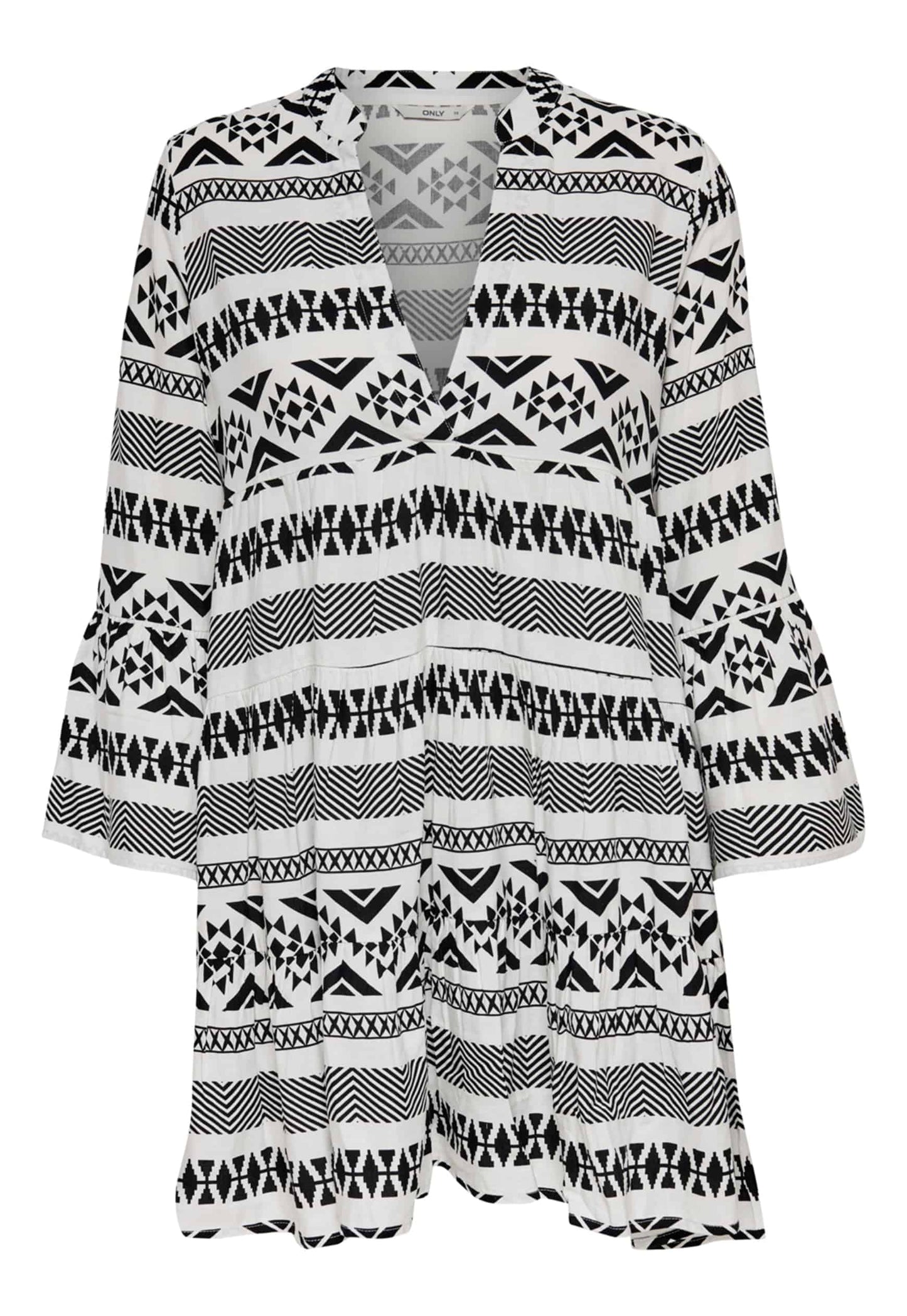
                  
                    ONLY Lucca Aztec Three Quarter Sleeve Relaxed Smock Tunic Mini Dress in Black & White - One Nation Clothing
                  
                