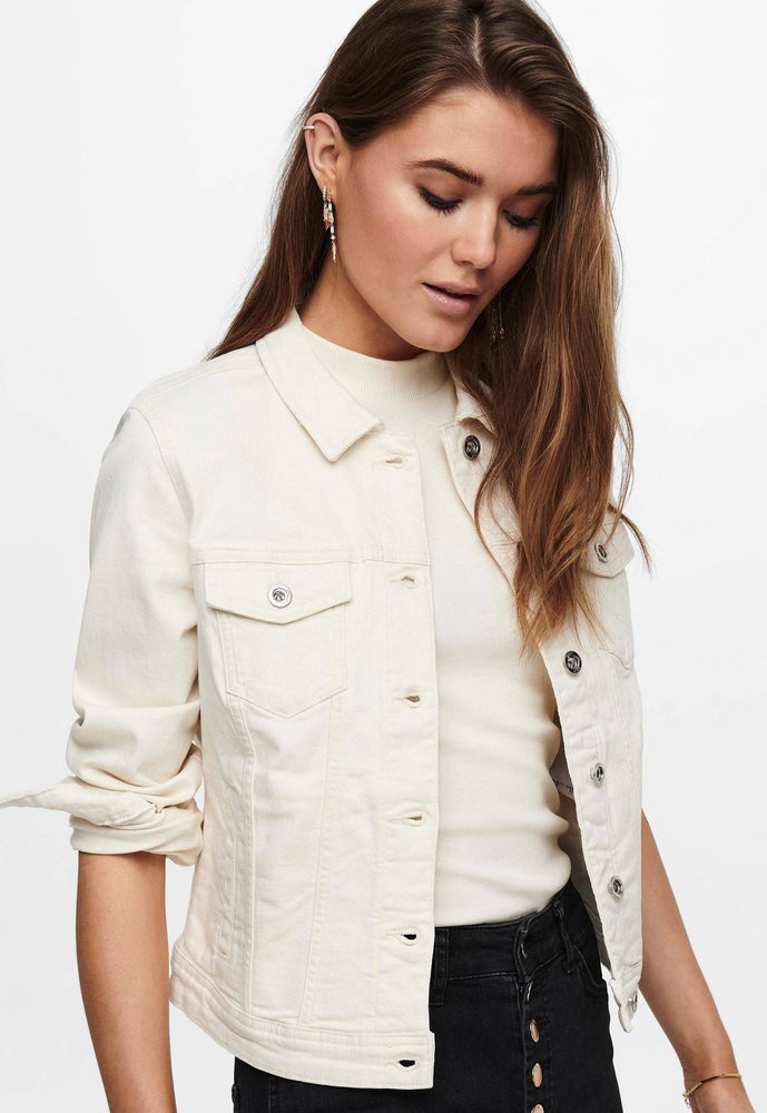 ONLY Tia Classic Denim Jacket in Ecru Cream - One Nation Clothing