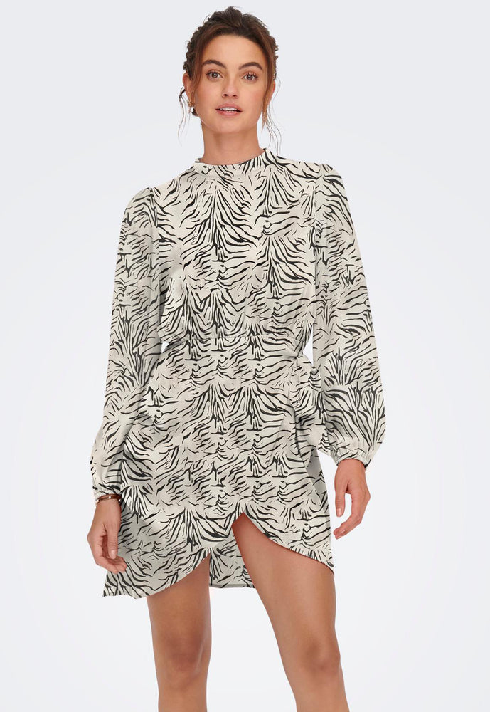 
                  
                    ONLY Mille Zebra Animal Print High Neck Wrap Skirt Mini Dress in Cream & Black - One Nation Clothing
                  
                
