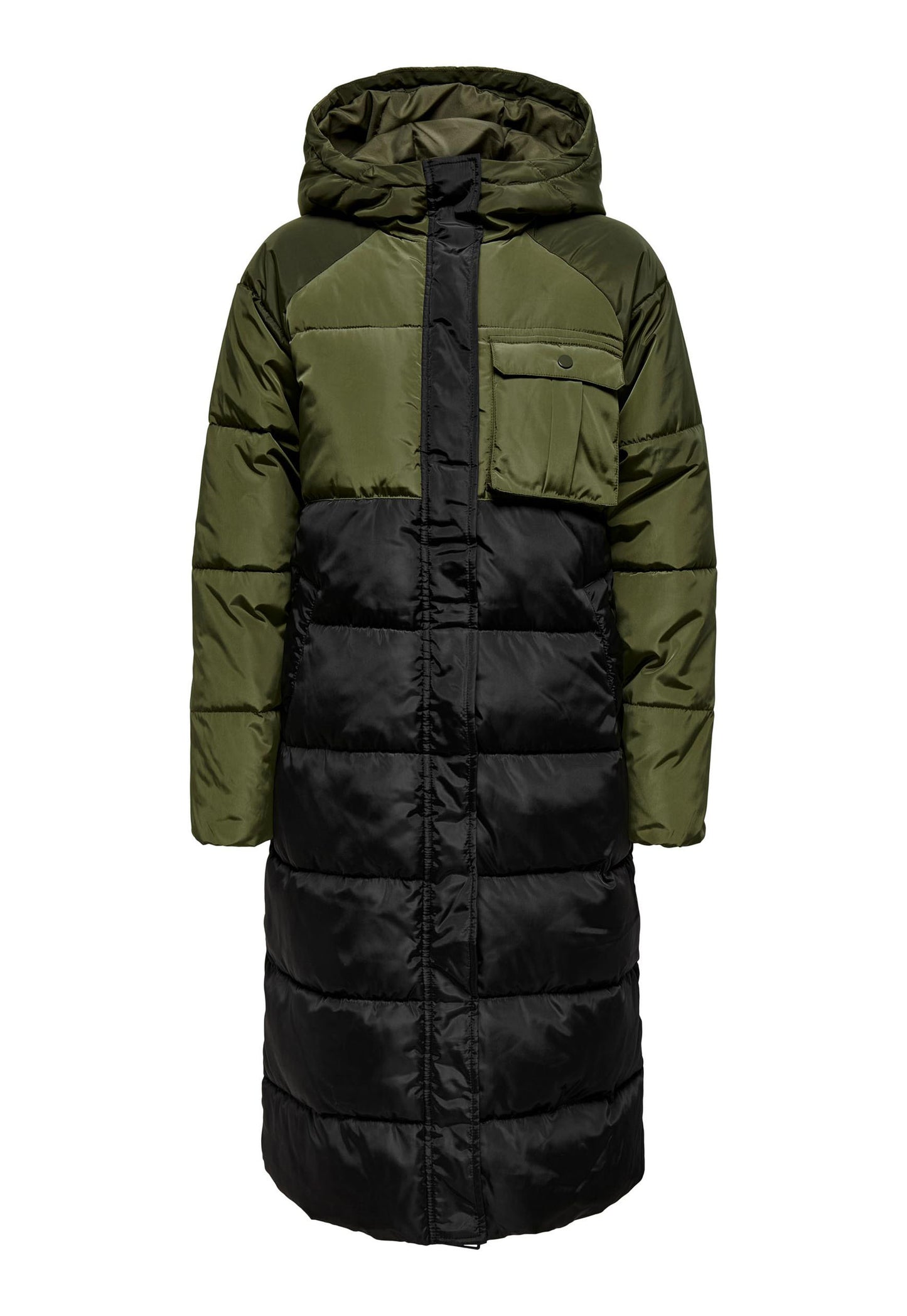 
                  
                    ONLY Becca Longline Midi Puffer Coat with Hood in Colour Block Black & Khaki - One Nation Clothing
                  
                