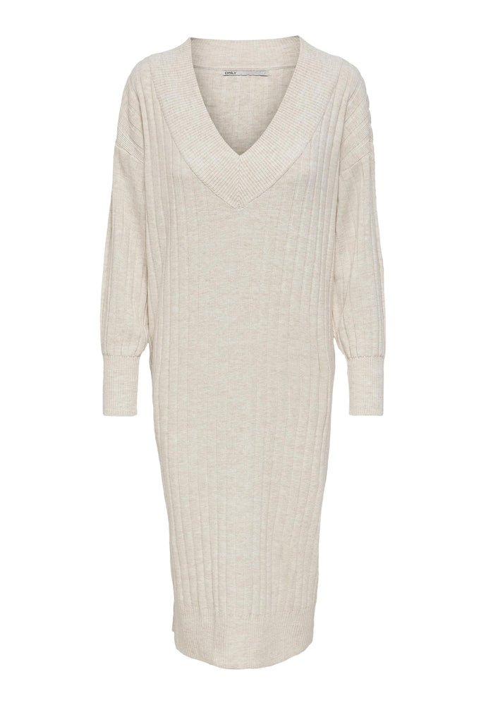
                  
                    ONLY Tessa Long Sleeve V Neck Ribbed Midi Jumper Dress in Soft Cream - One Nation Clothing
                  
                