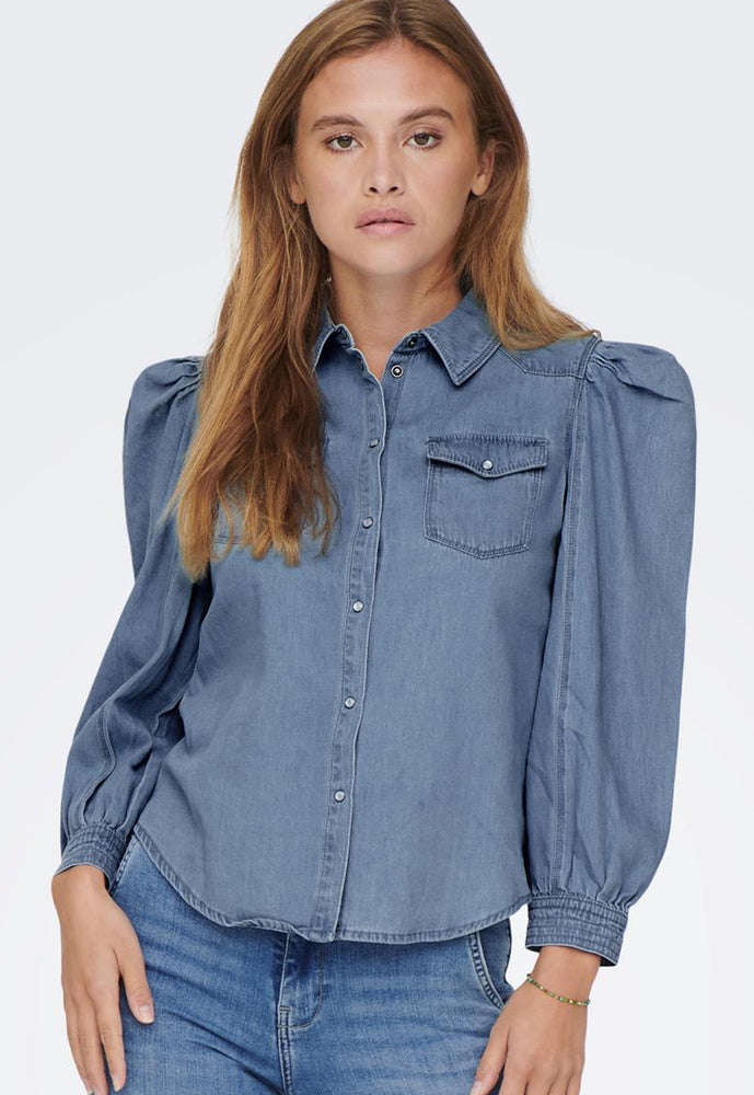 
                  
                    ONLY Mallory Fitted Denim Shirt with Puff Sleeve in Washed Blue - One Nation Clothing
                  
                