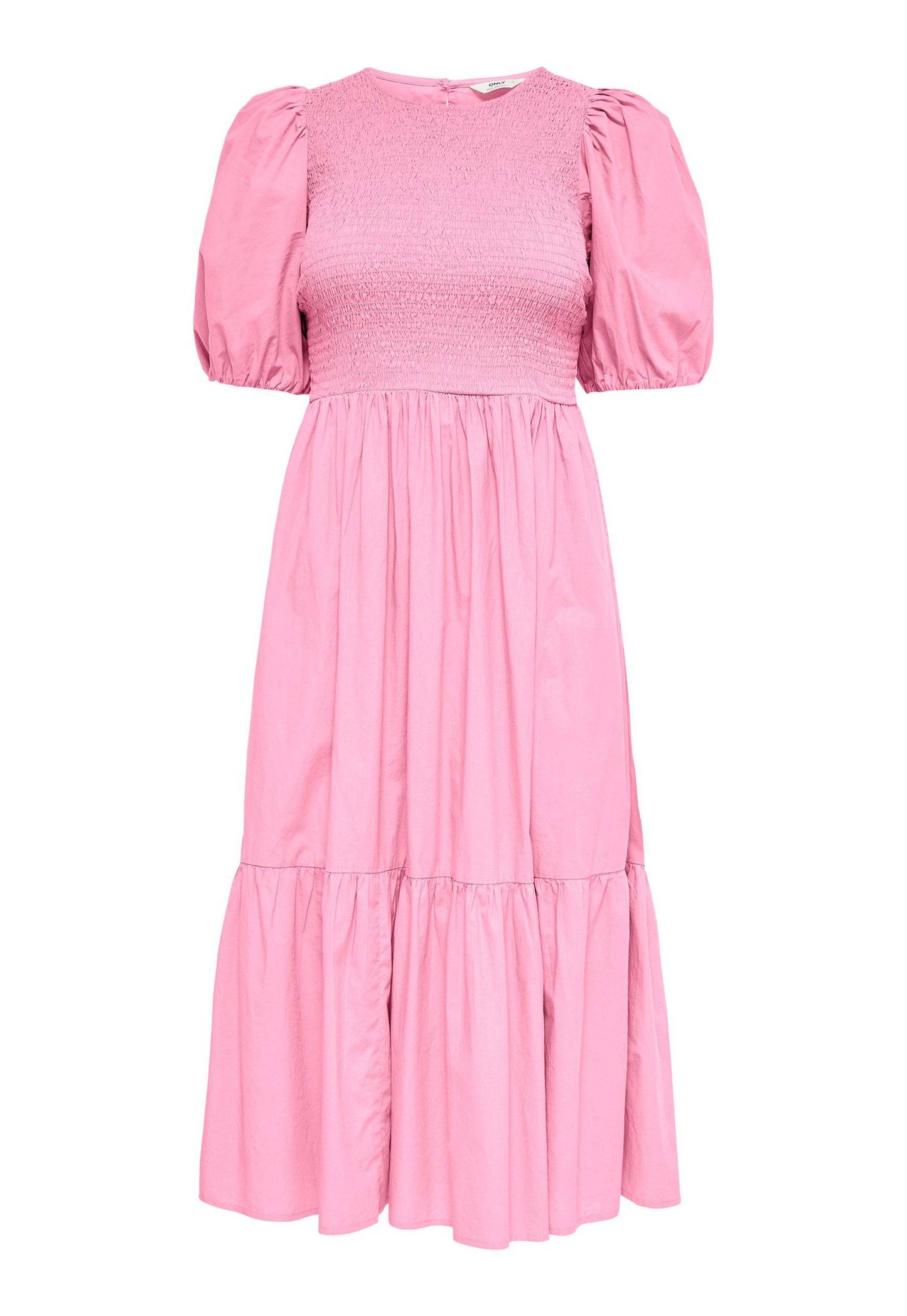 ONLY Shirred Top Cotton Tiered Midi Dress in Pink | One Nation Clothing ...