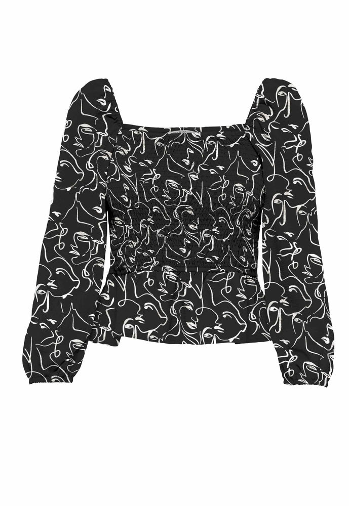 
                  
                    ONLY Lux Abstract Face Print Shirred Top in Black & White - One Nation Clothing
                  
                