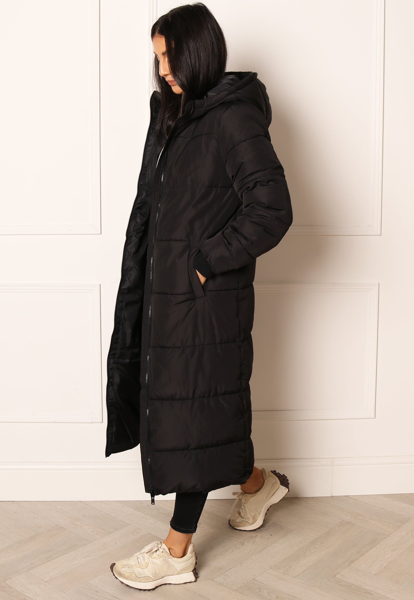 PIECES Bee Midi Longline Hooded Padded Puffer Coat in Black - One Nation Clothing