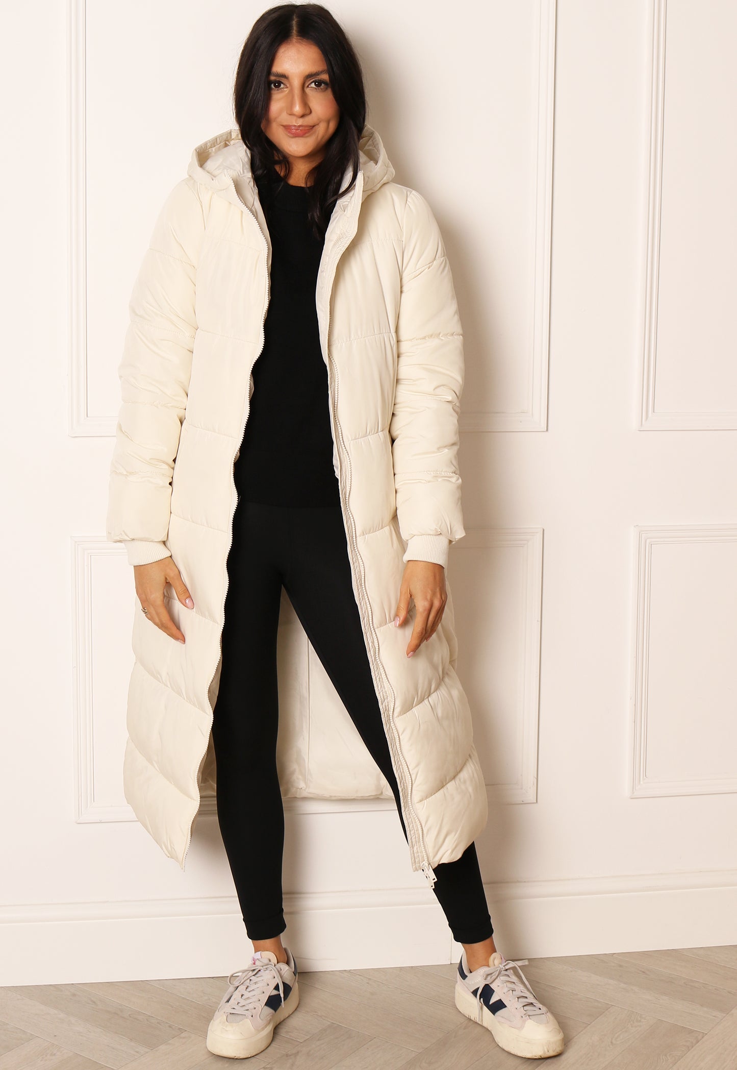 PIECES Bee Midi Longline Hooded Padded Puffer Coat in Cream - One Nation Clothing