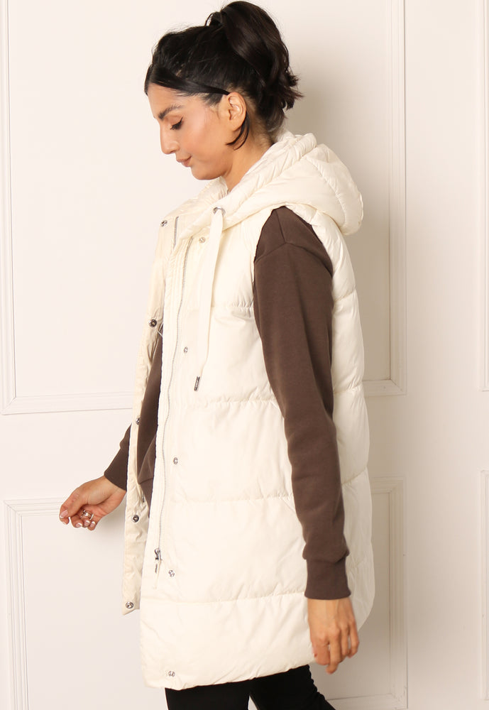 ONLY Asta Longline Sleeveless Puffer Gilet with Hood in Cream - One Nation Clothing