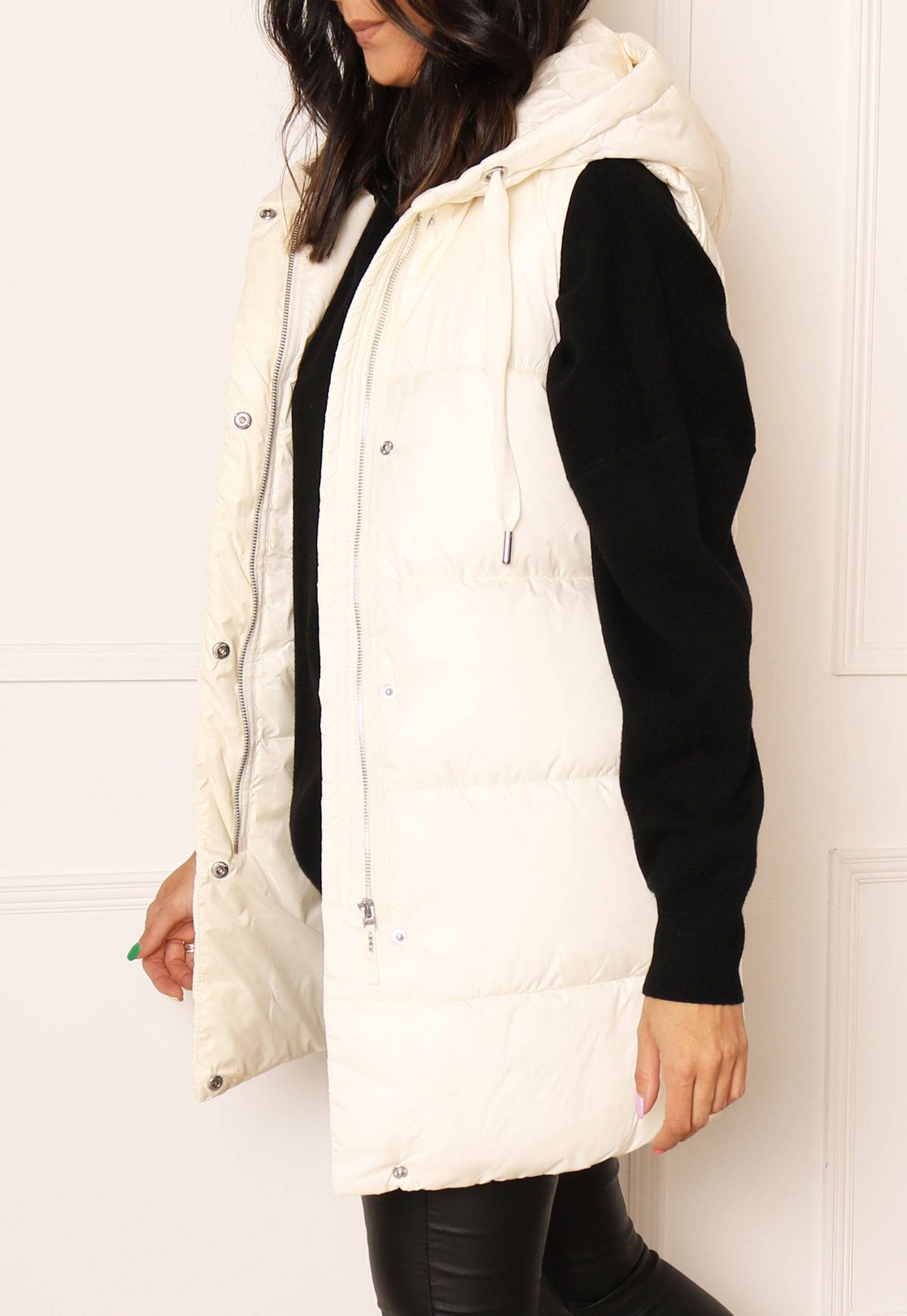 
                  
                    ONLY Asta Longline Sleeveless Puffer Gilet with Hood in Cream - One Nation Clothing
                  
                