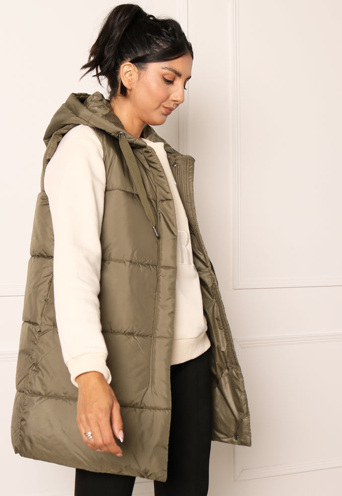 ONLY Asta Longline Sleeveless Puffer Gilet with Hood in Khaki - One Nation Clothing