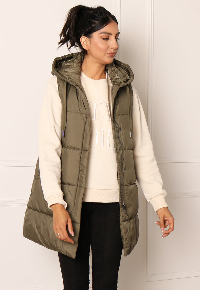 ONLY Asta Longline Sleeveless Puffer Gilet with Hood in Khaki - One Nation Clothing