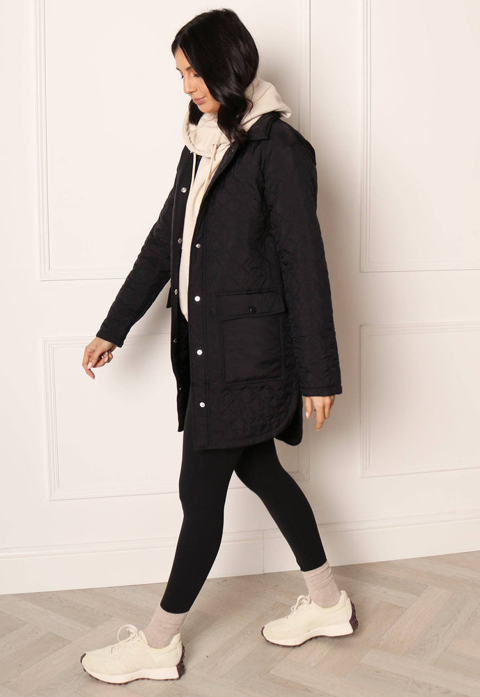 JDY Augusta Edith Diamond Quilted Long Shacket Jacket in Black - One Nation Clothing