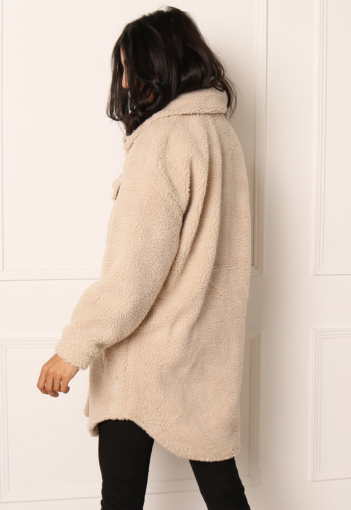 
                  
                    ONLY Camilla Oversized Borg Teddy Trucker Long Shacket in Oatmeal Beige - One Nation Clothing
                  
                