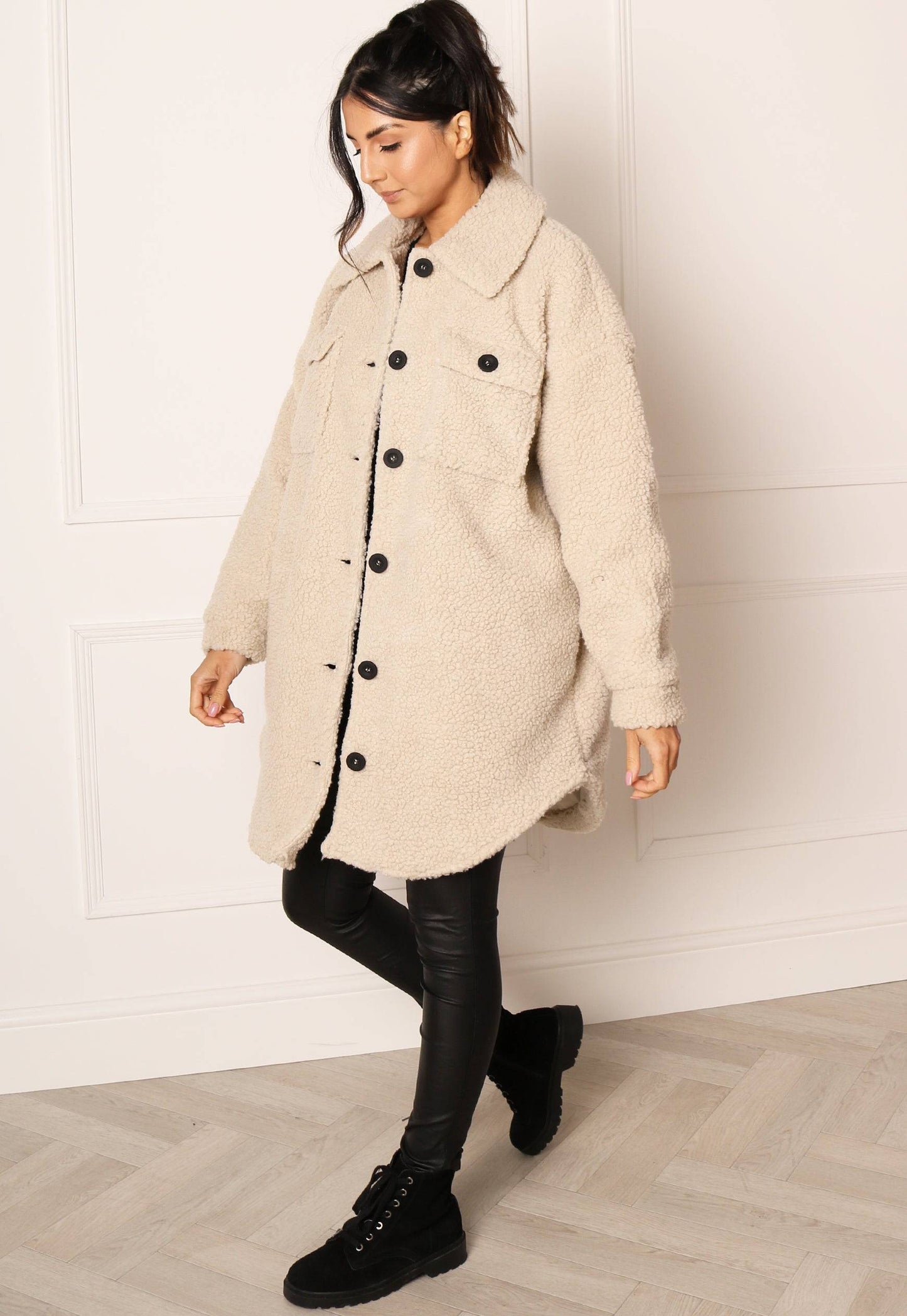 
                  
                    ONLY Camilla Oversized Borg Teddy Trucker Long Shacket in Oatmeal Beige - One Nation Clothing
                  
                