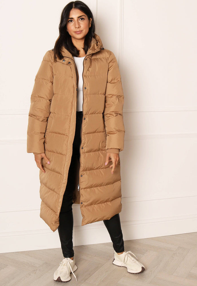 VILA Camisa Maxi Longline Down Puffer Coat with Hood in Beige - One Nation Clothing