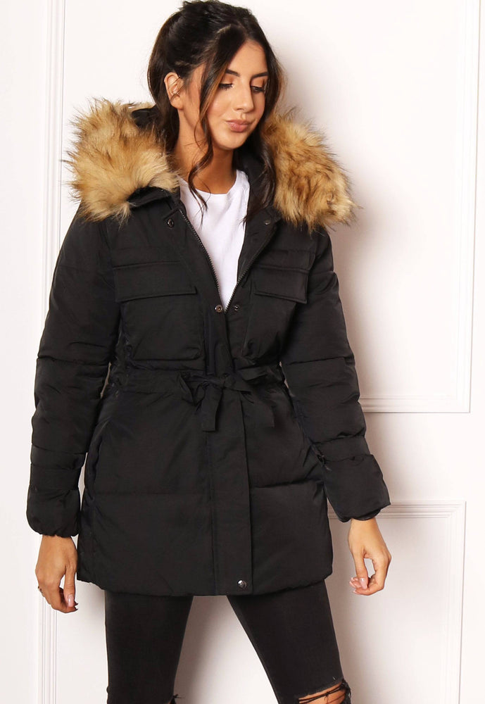 Clara Quilted Longline Hooded Puffer Coat with Faux Fur Trim & Tie Waist in Black Natural - One Nation Clothing