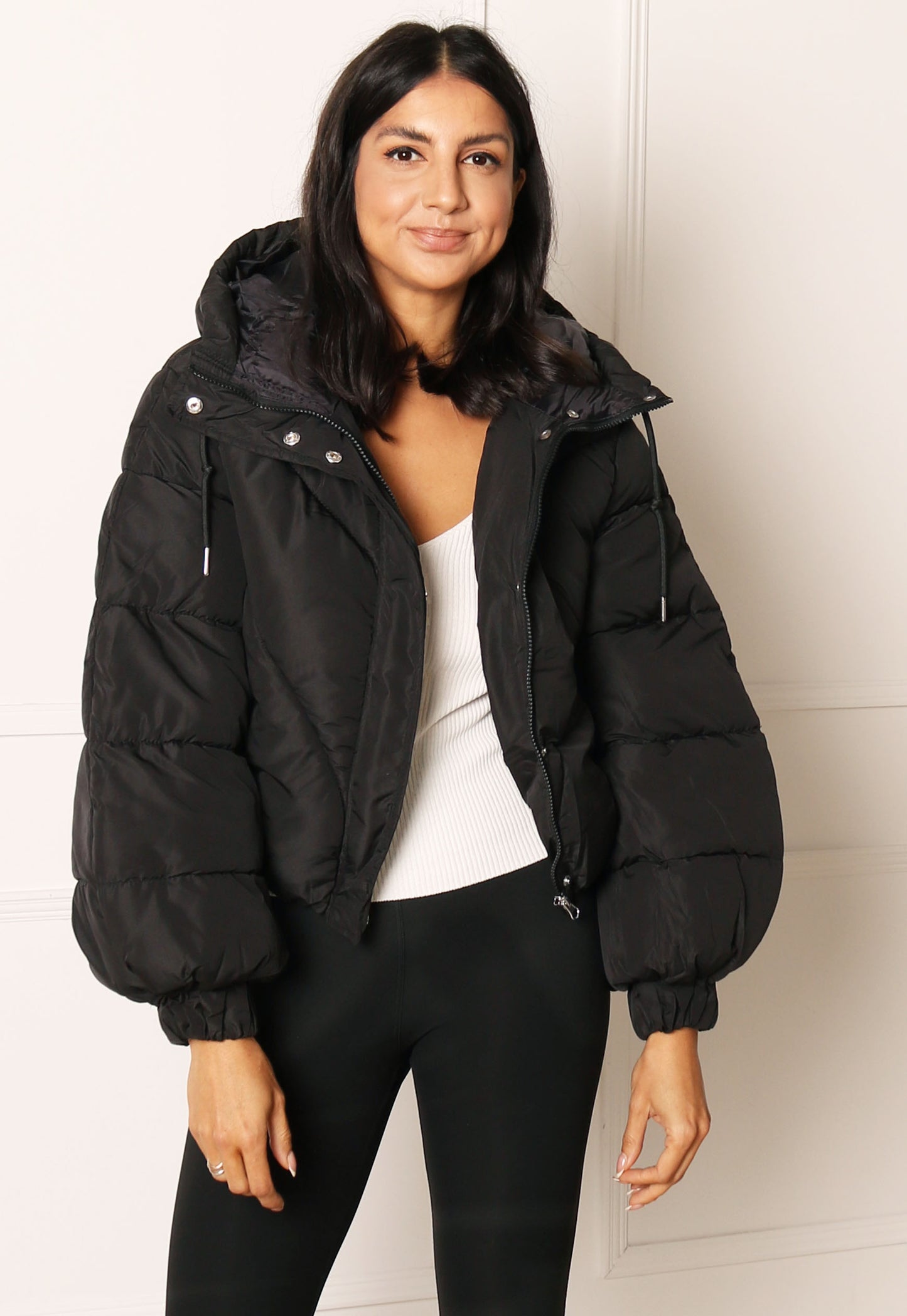 JDY Destiny Cropped Bomber Padded Puffer Jacket with Hood in Black - One Nation Clothing