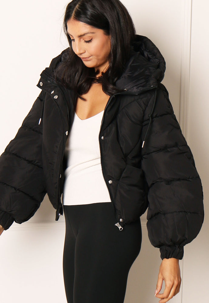 JDY Destiny Cropped Bomber Padded Puffer Jacket with Hood in Black - One Nation Clothing