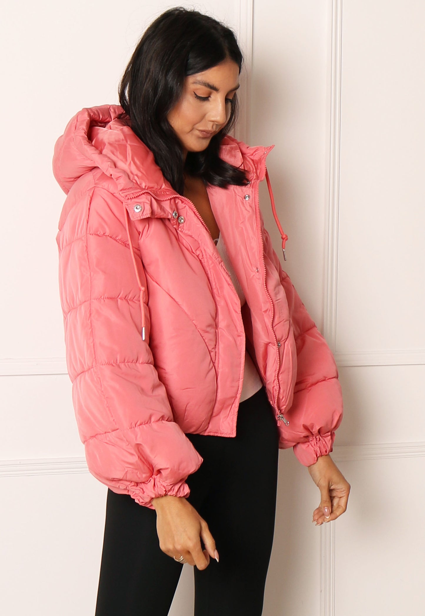 JDY Destiny Cropped Bomber Padded Puffer Jacket with Hood in Rose Pink - One Nation Clothing