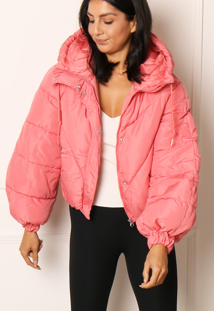 JDY Destiny Cropped Bomber Padded Puffer Jacket with Hood in Rose Pink - One Nation Clothing