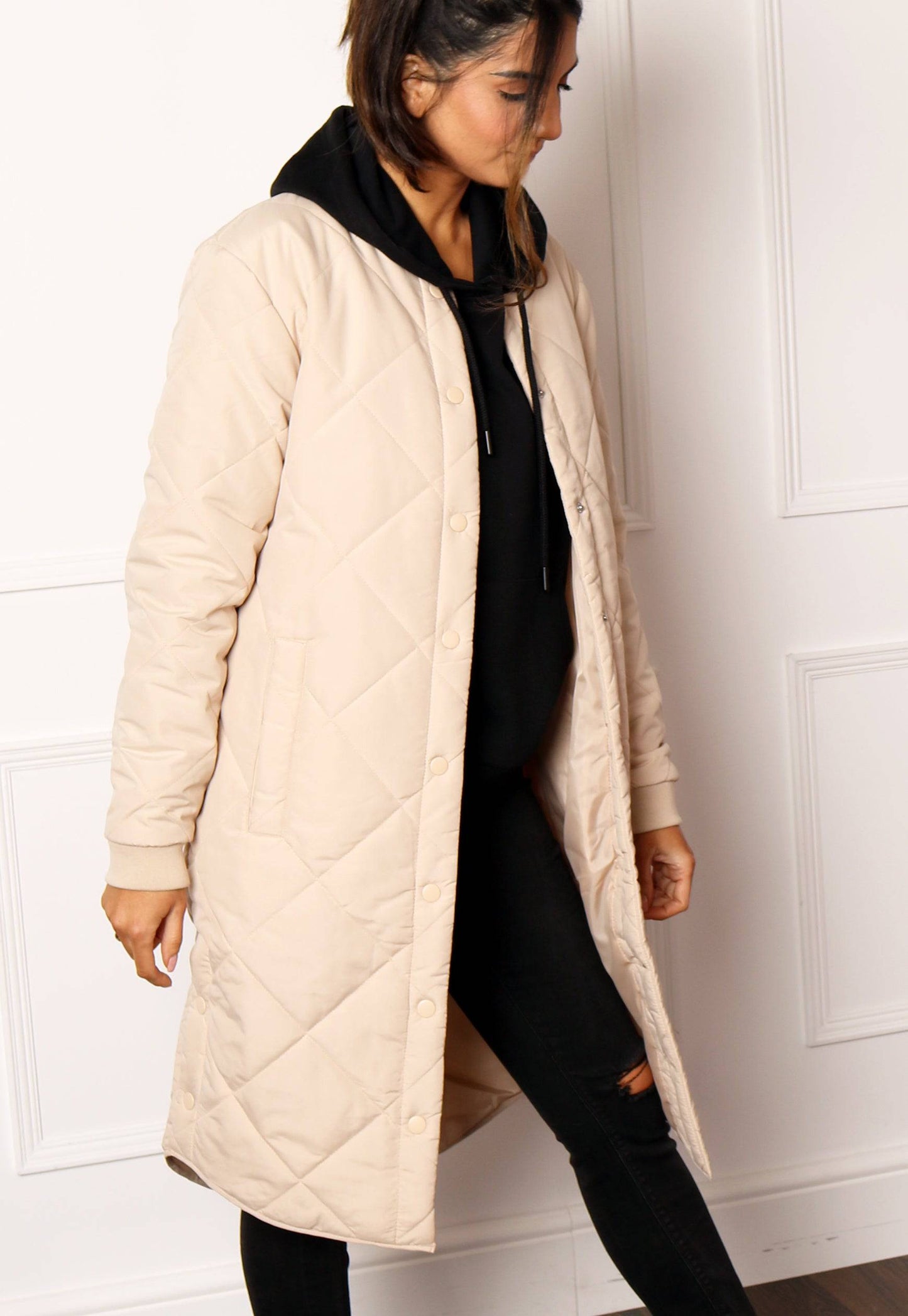 JDY Diana Diamond Quilted Padded Longline Midi Jacket in Cream - One Nation Clothing