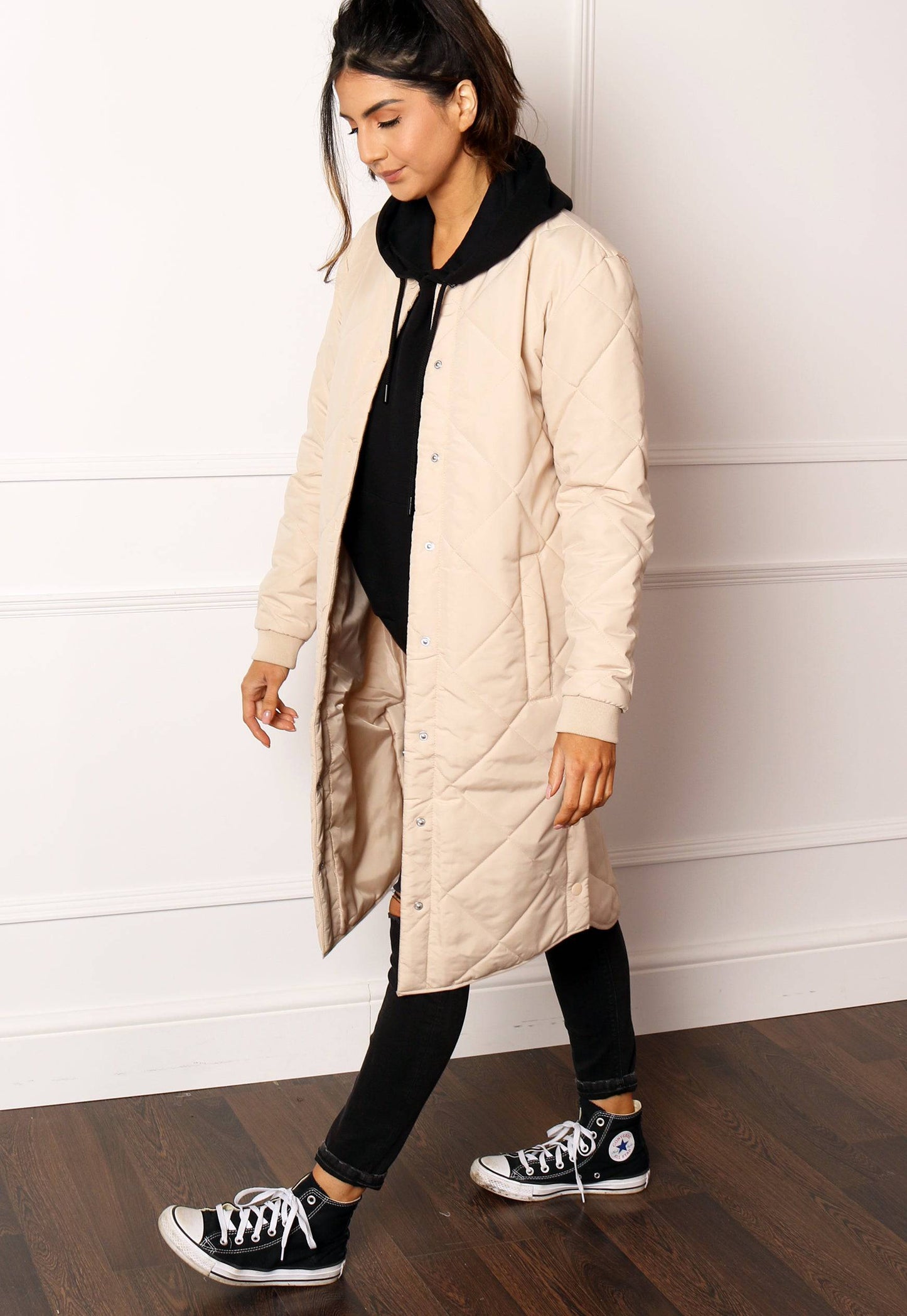 JDY Diana Diamond Quilted Padded Longline Midi Jacket in Cream - One Nation Clothing