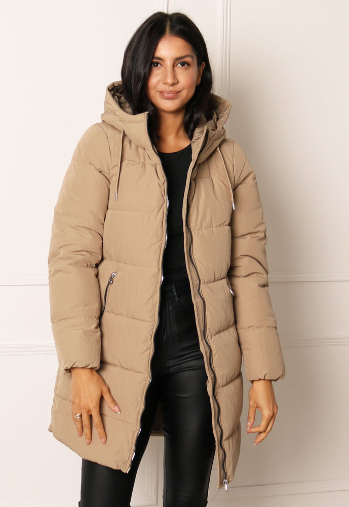 ONLY Dolly Hooded Quilted Padded Midi Puffer Coat in Beige - One Nation Clothing