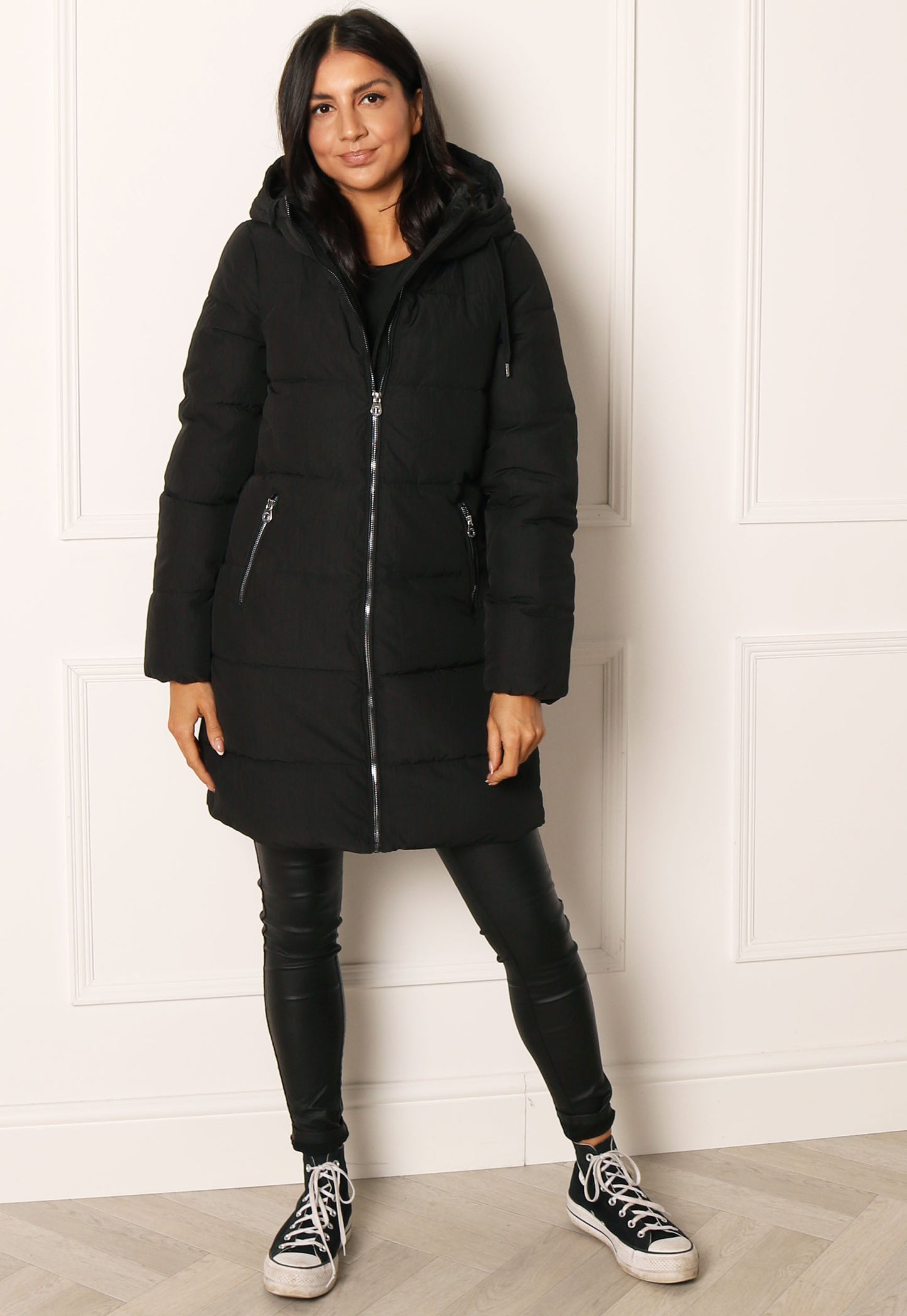 
                  
                    ONLY Dolly Hooded Quilted Padded Midi Puffer Coat in Black - One Nation Clothing
                  
                