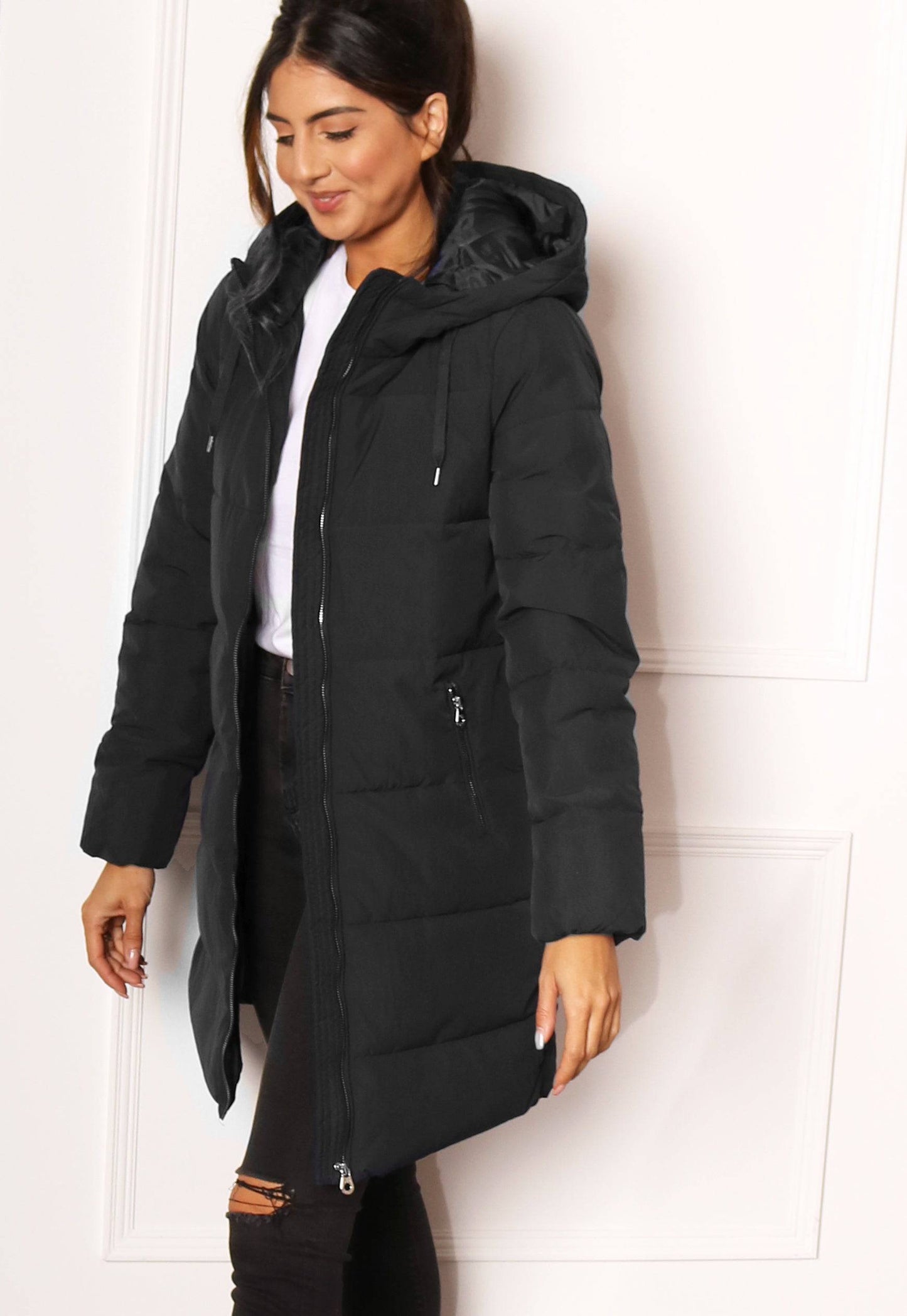 ONLY Dolly Hooded Quilted Padded Long Puffer Coat in Black - One Nation Clothing