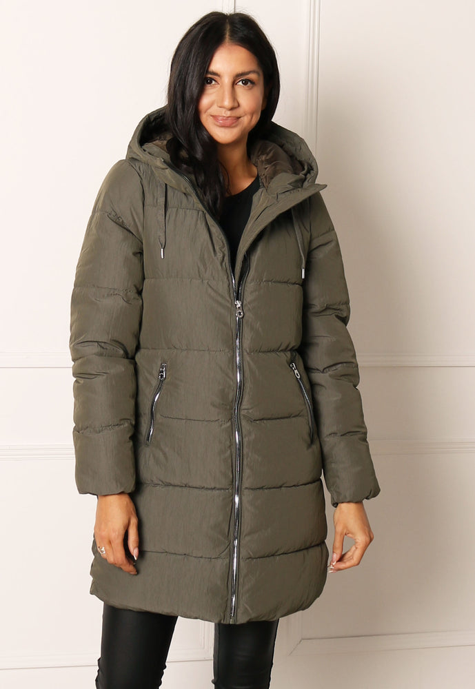 
                  
                    ONLY Dolly Hooded Quilted Padded Long Puffer Coat in Khaki Green - One Nation Clothing
                  
                