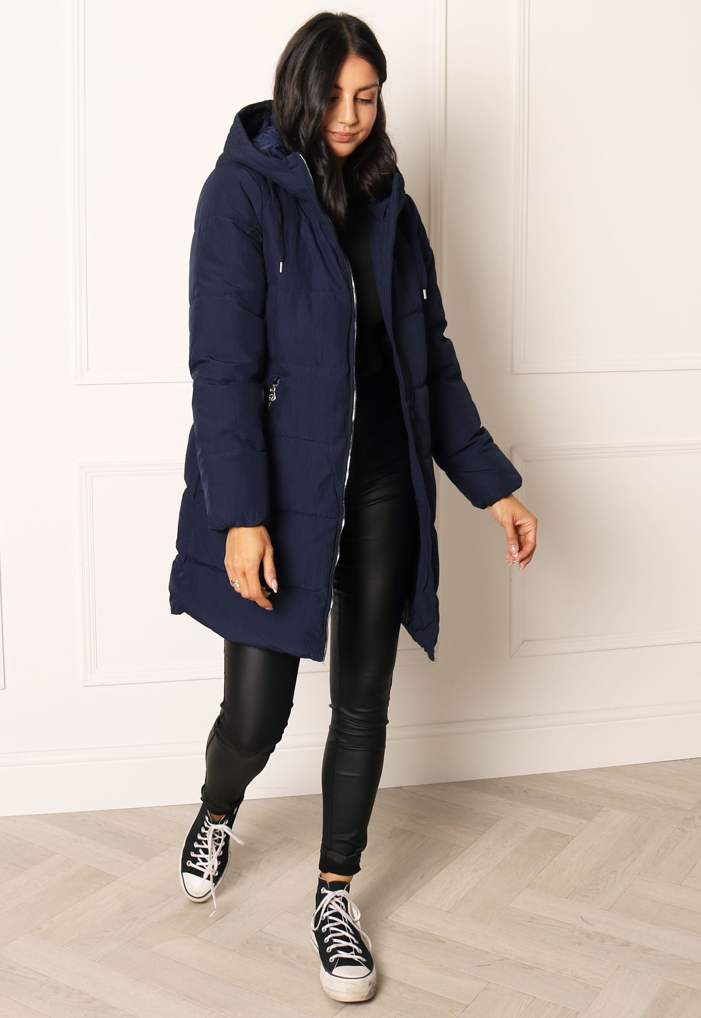 
                  
                    ONLY Dolly Hooded Quilted Padded Midi Puffer Coat in Navy Blue - One Nation Clothing
                  
                