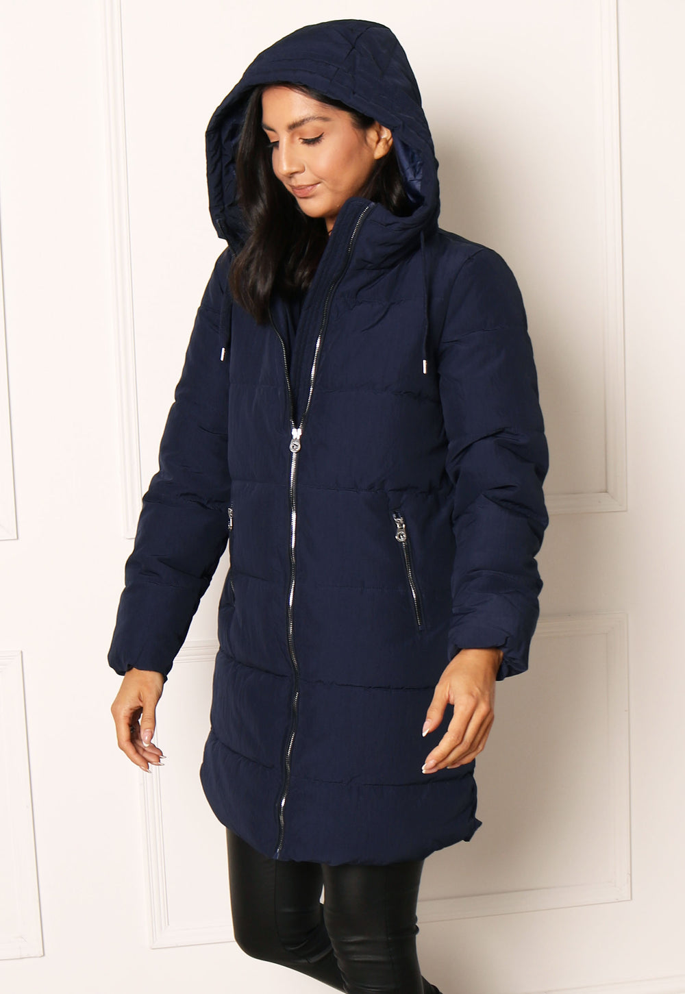 ONLY Dolly Hooded Quilted Padded Midi Puffer Coat in Navy Blue - One Nation Clothing