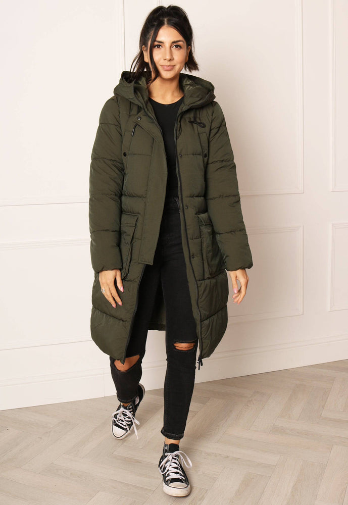 
                  
                    JDY Dove Quilted Longline Hooded Puffer Coat in Khaki - One Nation Clothing
                  
                