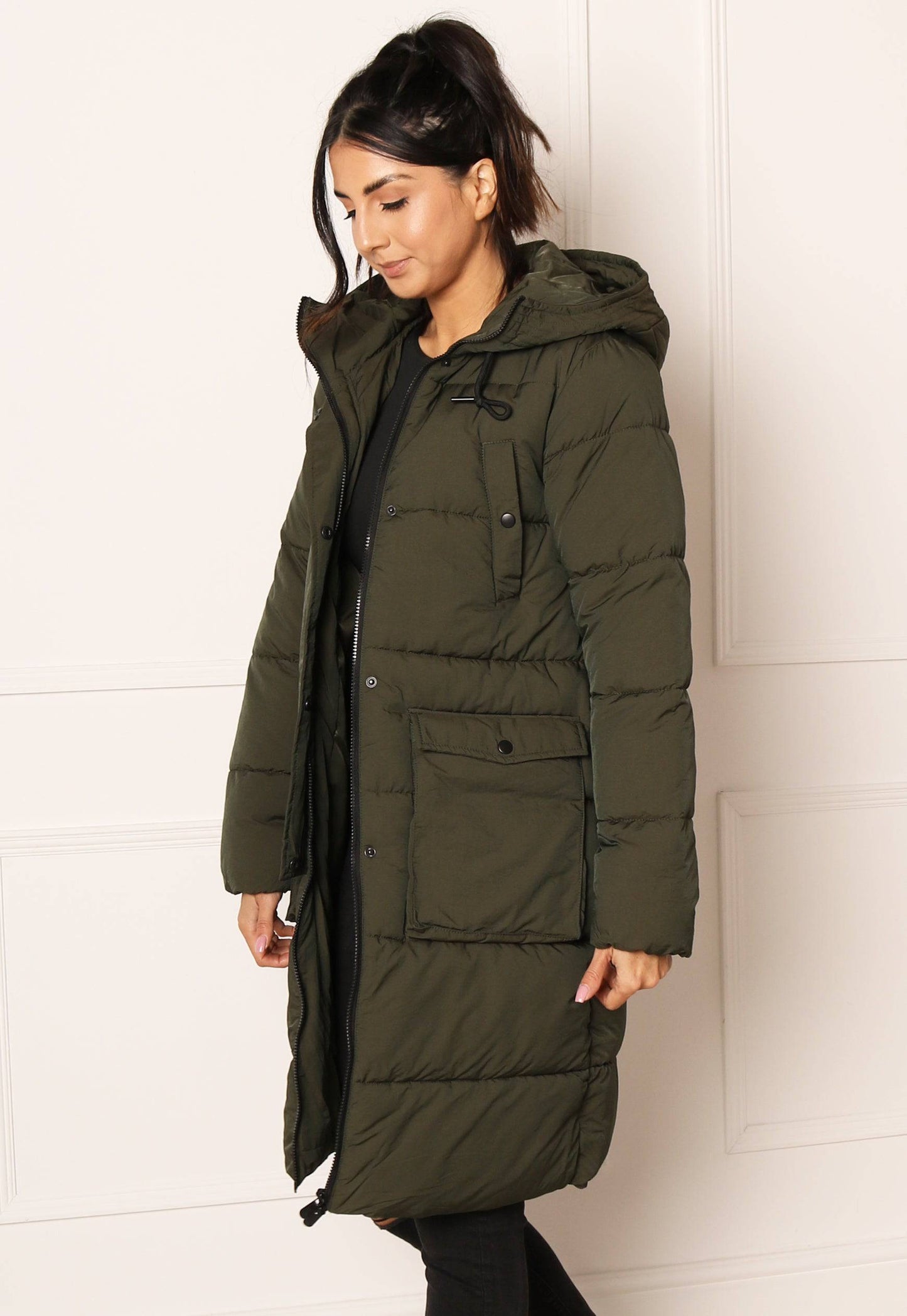 
                  
                    JDY Dove Quilted Longline Hooded Puffer Coat in Khaki - One Nation Clothing
                  
                