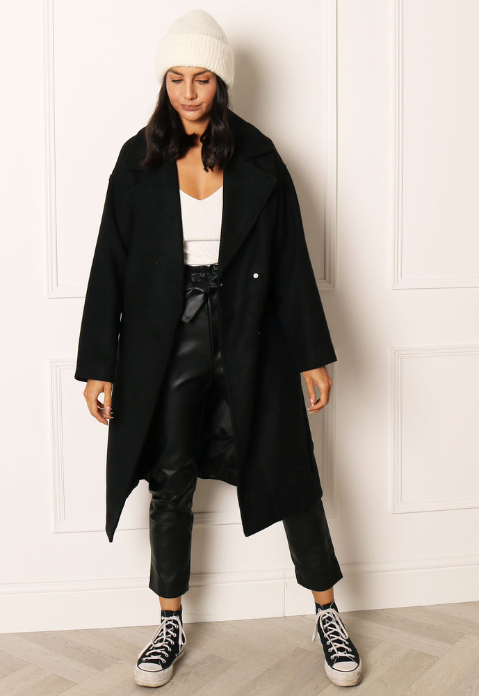 VERO MODA Edna Belted Midi Wrap Coat in Black - One Nation Clothing
