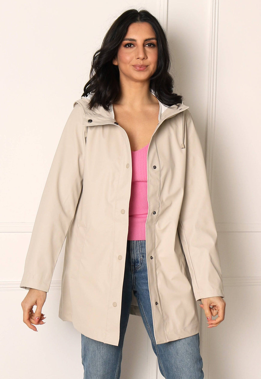 ONLY Ellen Rubberised Matte Hooded Raincoat Mac in Soft Beige - One Nation Clothing