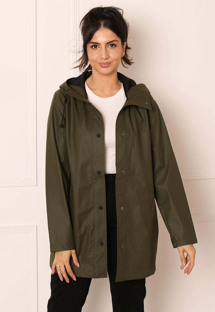 
                  
                    ONLY Ellen Rubberised Matte Hooded Raincoat Mac in Khaki Green - One Nation Clothing
                  
                