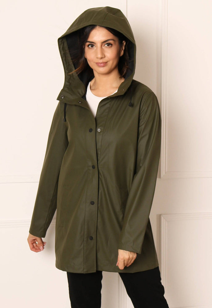 ONLY Ellen Rubberised Matte Hooded Raincoat Mac in Khaki Green - One Nation Clothing
