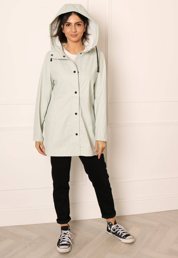 ONLY Ellen Rubberised Matte Hooded Raincoat Mac in Light Green - One Nation Clothing