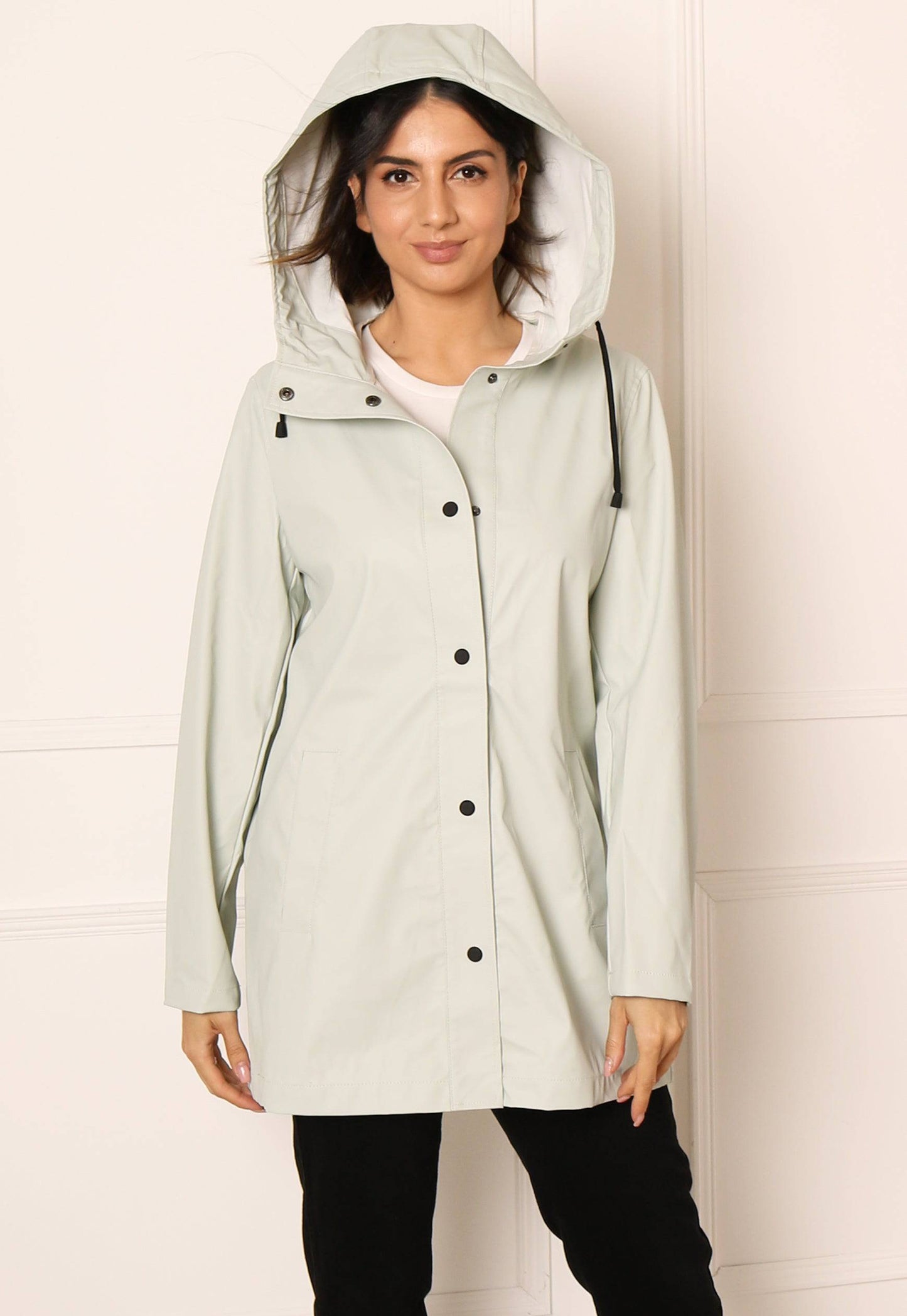 ONLY Ellen Rubberised Matte Hooded Raincoat Mac in Light Green - One Nation Clothing